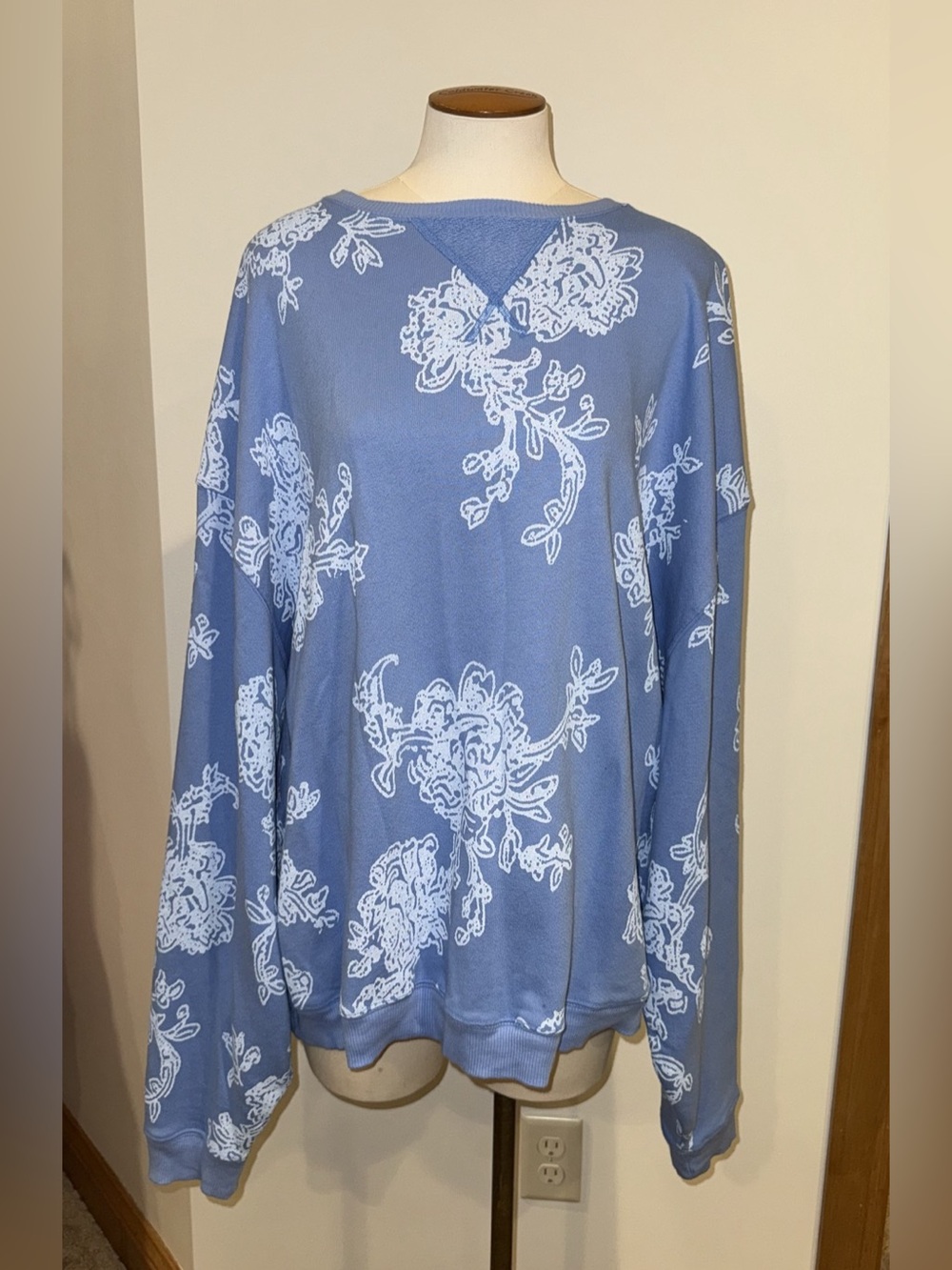 We The Free Floral Blue & White Long Sleeve Top